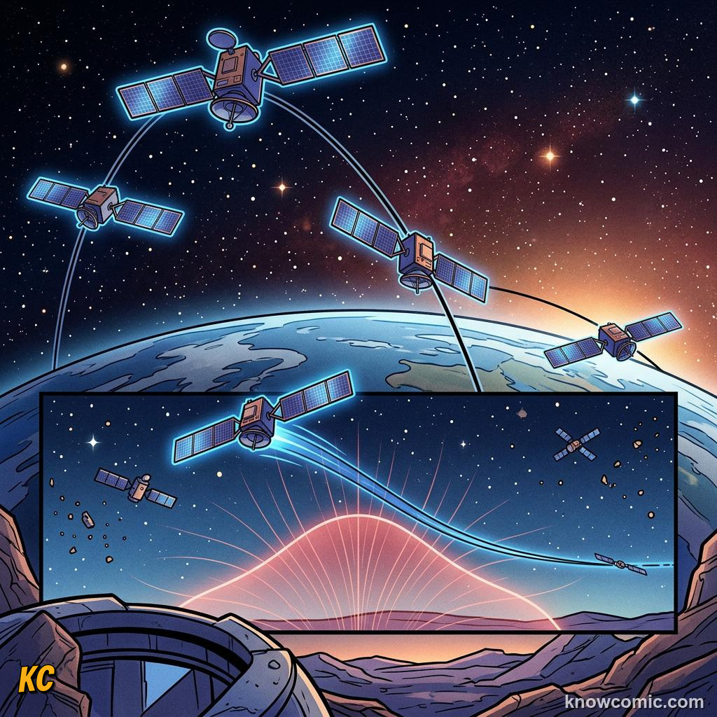 Comic panel about newton's cannonball: Ellipse, educational kids illustration