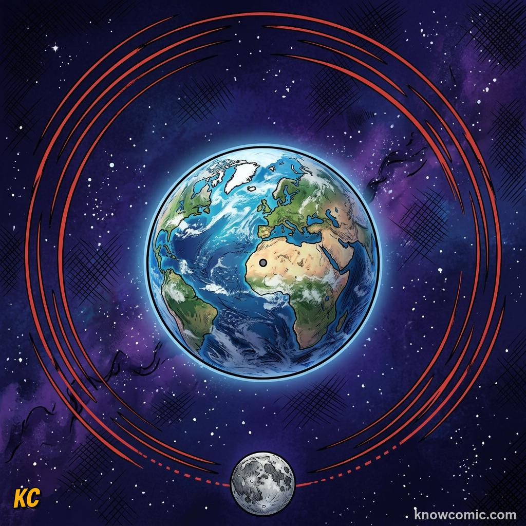 Comic panel about newton's cannonball: Escape, educational kids illustration