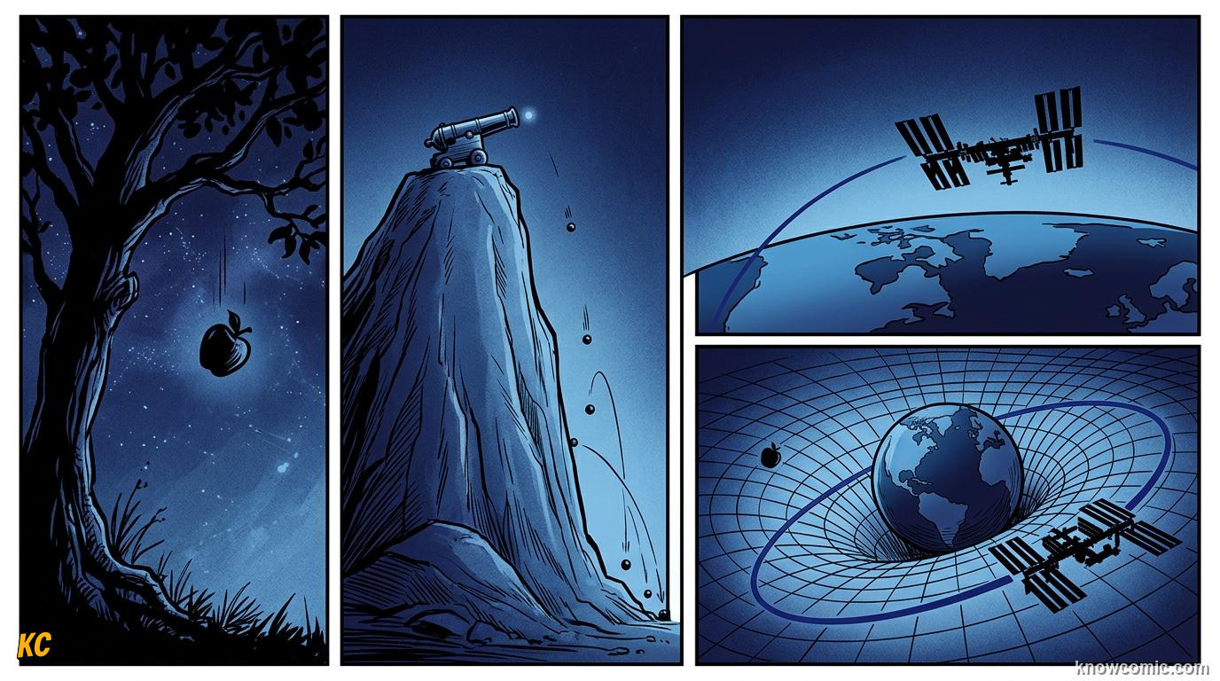Comic panel about newton's cannonball: The Full Picture, educational kids illustration