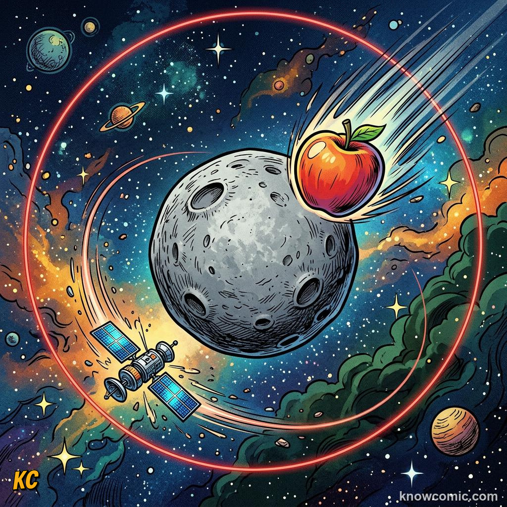 Comic panel about newton's cannonball: Orbit Is Falling That Misses, Everyday Links, educational kids illustration