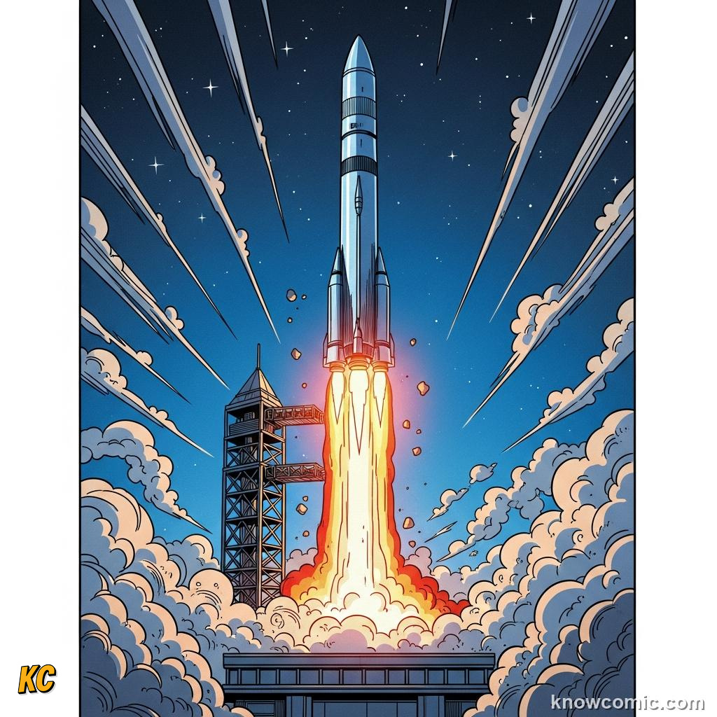 Comic illustration: EVERY ACTION HAS A REACTION, ROCKET LAUNCH