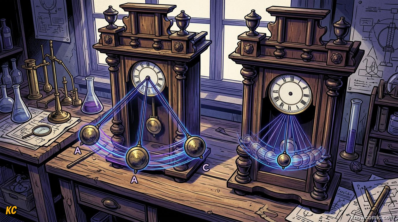 Comic panel about the pendulum principle: The Steady Beat, educational kids illustration