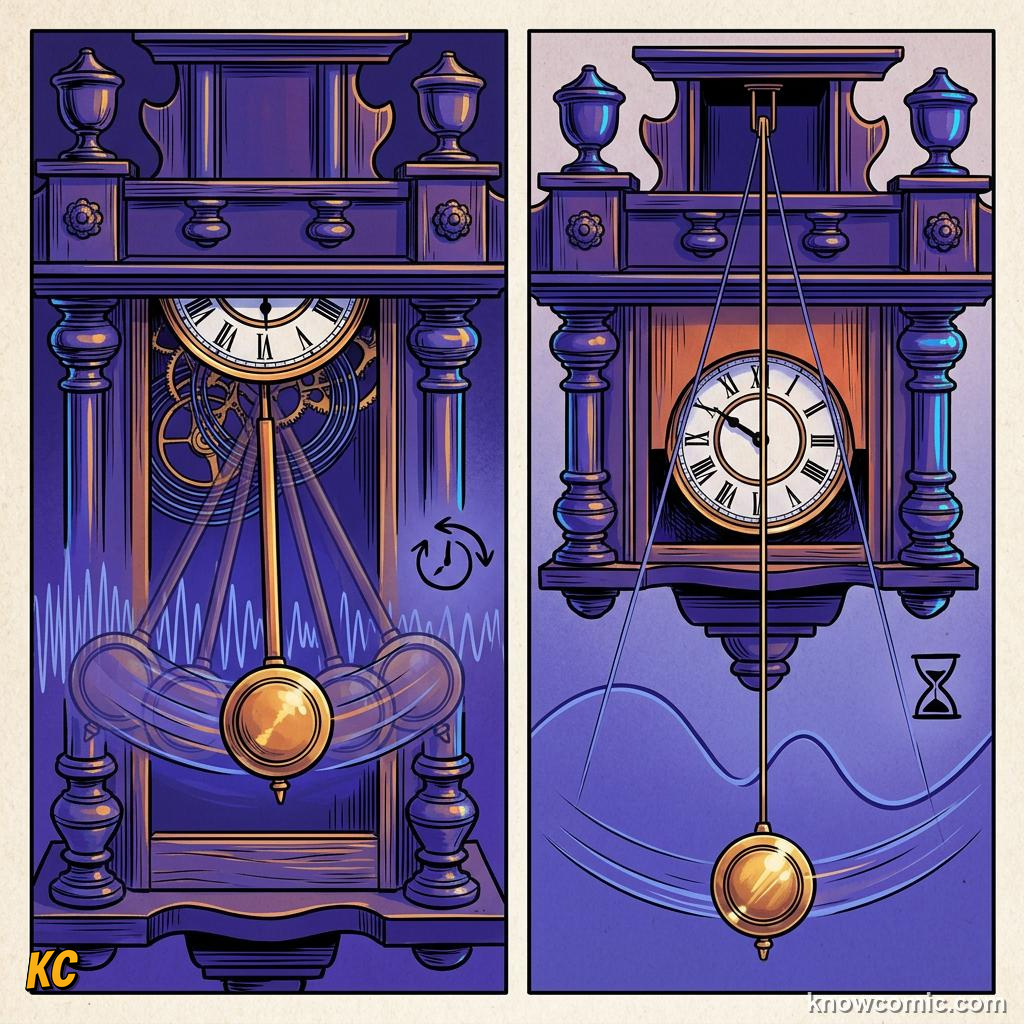 Comic panel about the pendulum principle: Galileo Watches The Swing, Small Angles, educational kids illustration