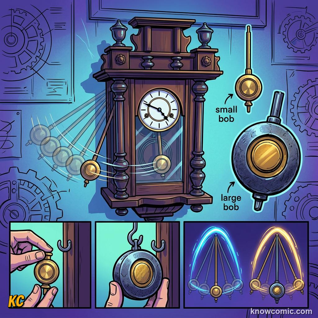Comic panel about the pendulum principle: Length Rule, educational kids illustration