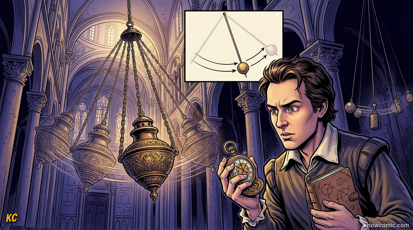 Comic panel about the pendulum principle: Timekeeping Revolution, educational kids illustration