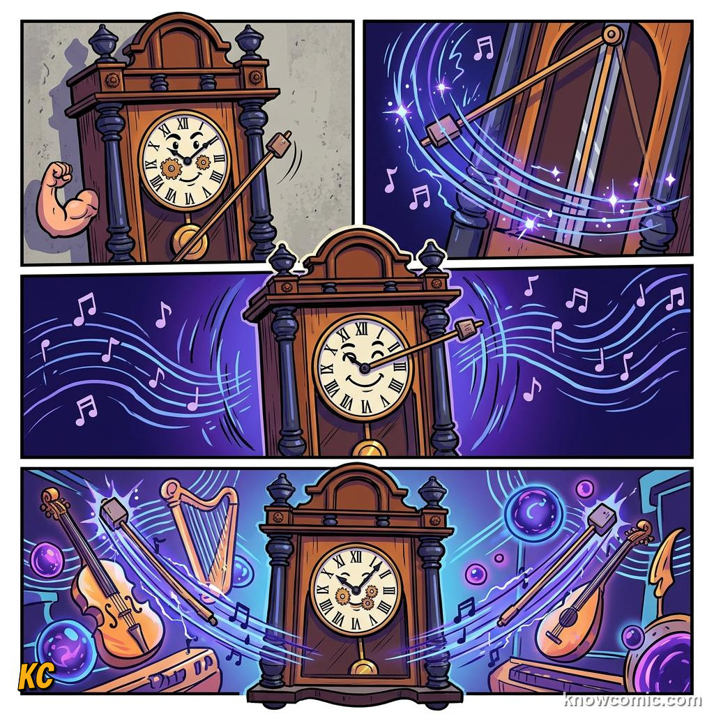 Comic panel about the pendulum principle: Huygens, educational kids illustration