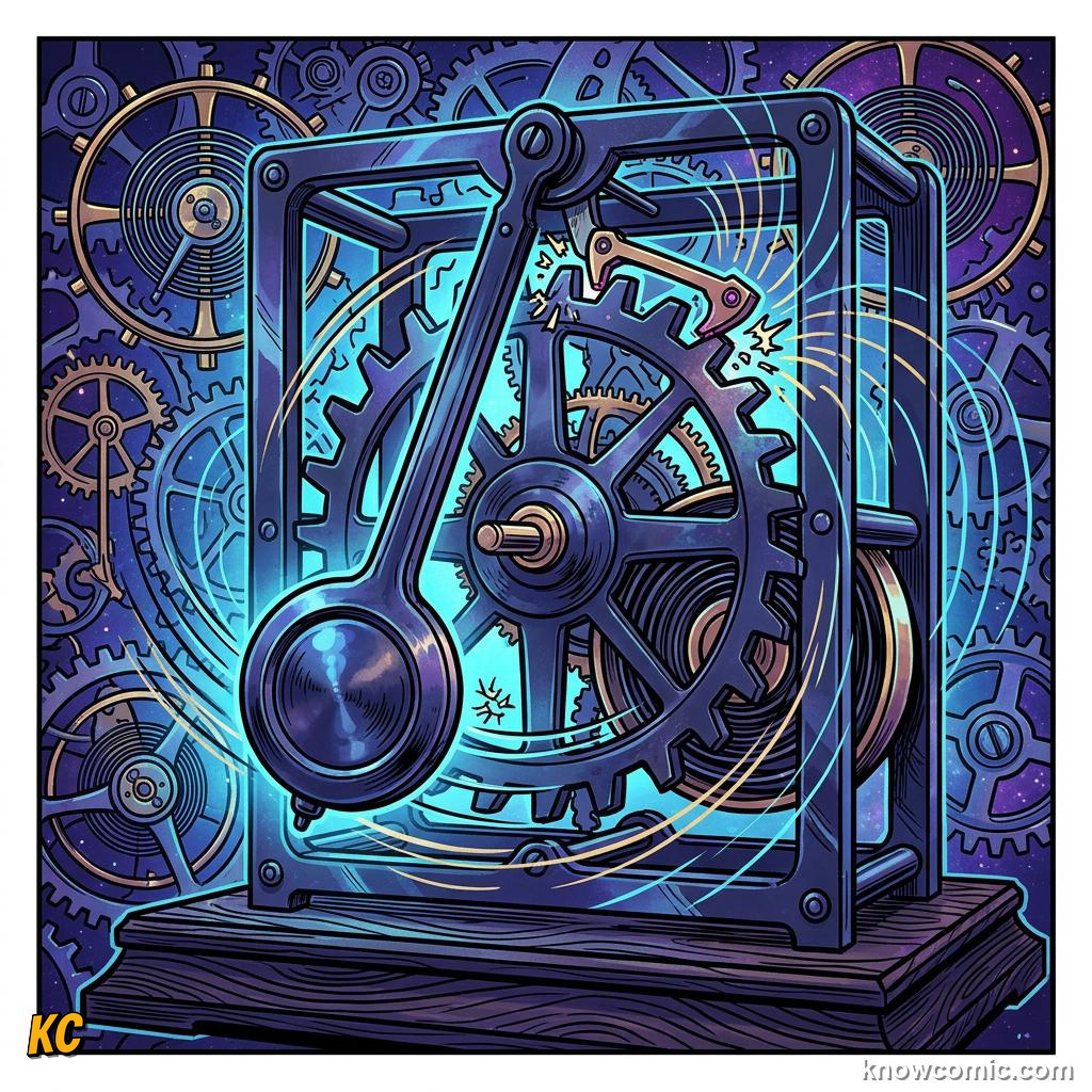 Comic panel about the pendulum principle: Seconds, educational kids illustration