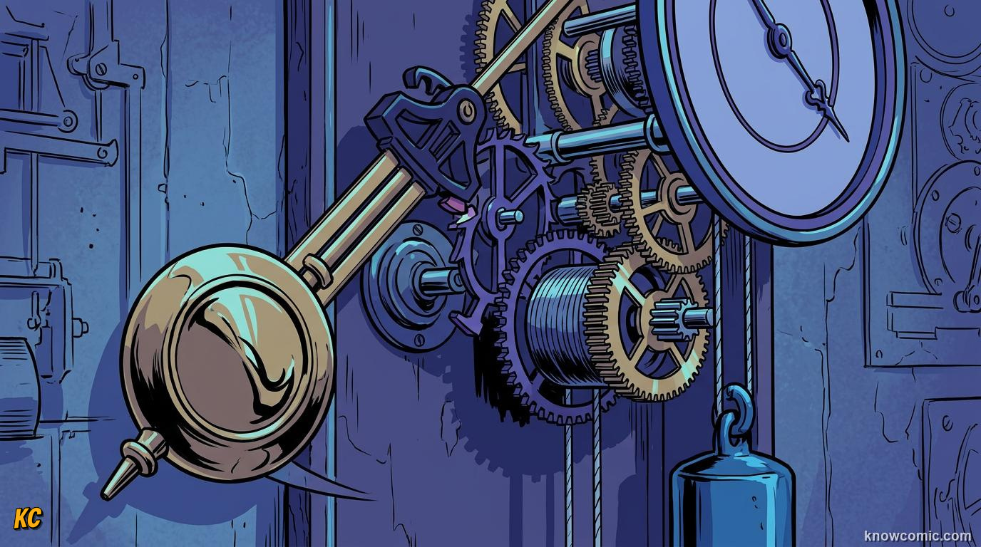 Comic panel about the pendulum principle: From Swing To Clockwork, More Than Clocks, educational kids illustration