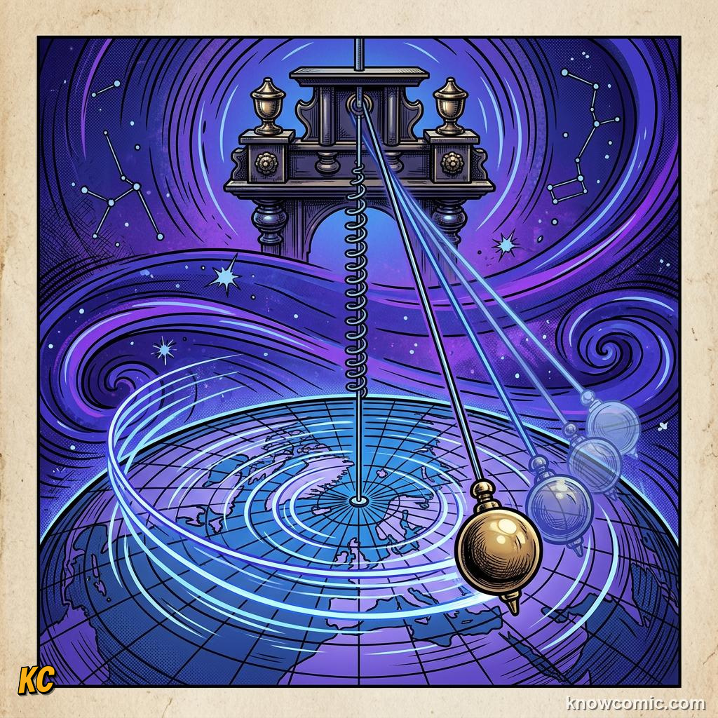 Comic panel about the pendulum principle: Earth Turns, educational kids illustration