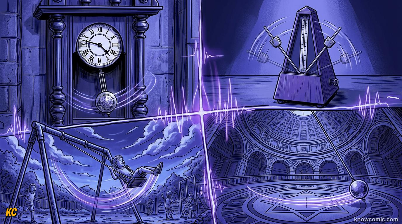 Comic panel about the pendulum principle: The Full Picture, educational kids illustration