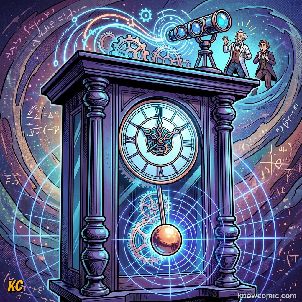 Comic panel about the pendulum principle: Length Sets The Beat, Everyday Links, educational kids illustration