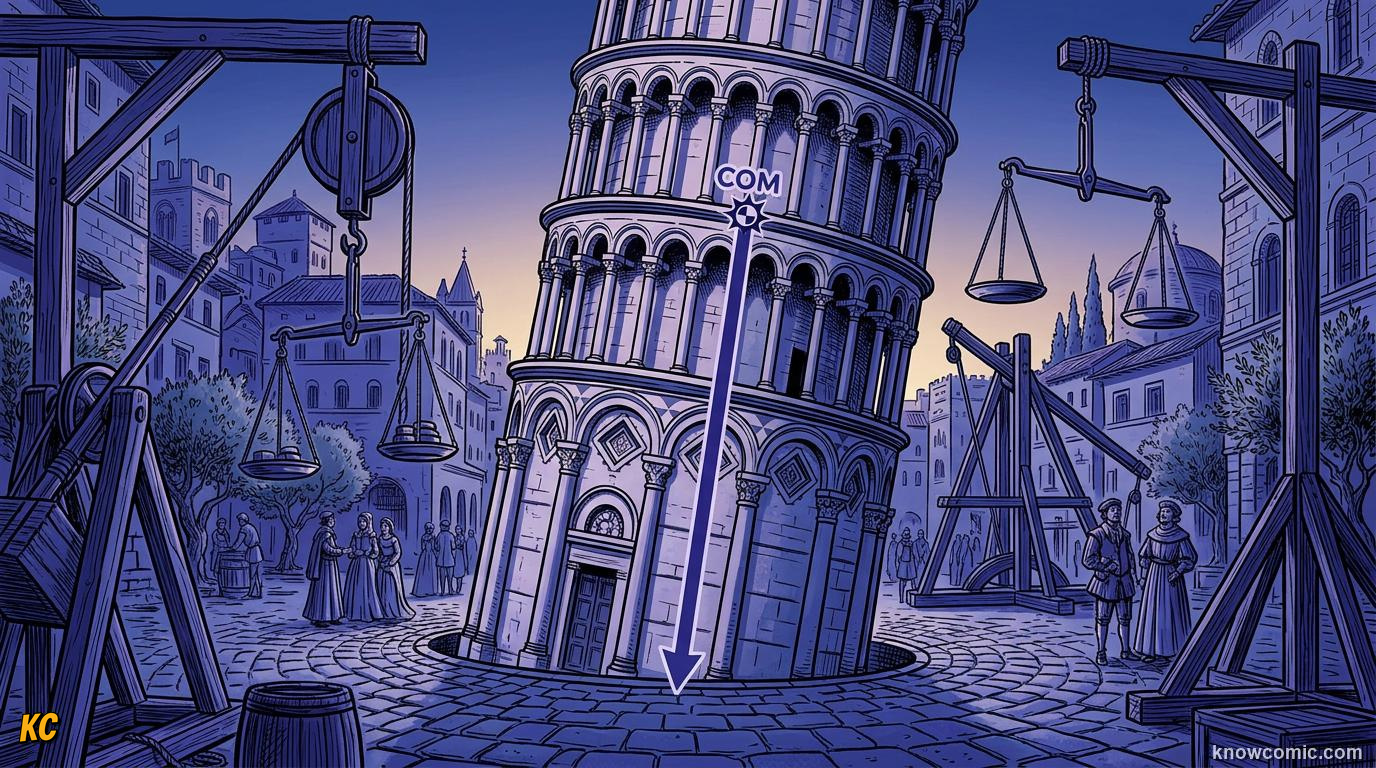 Comic panel about stability & toppling: Center Of Mass, educational kids illustration