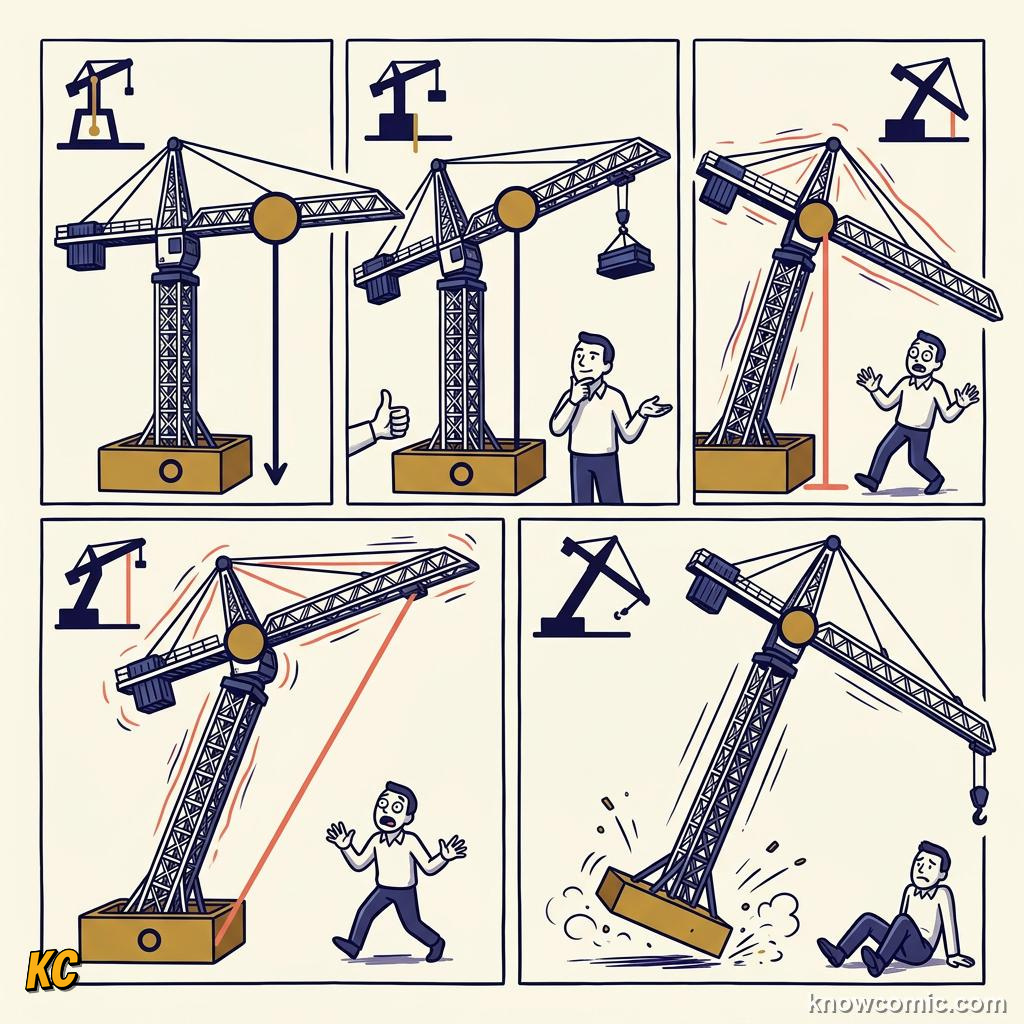 Comic panel about stability & toppling: Danger Zone, educational kids illustration