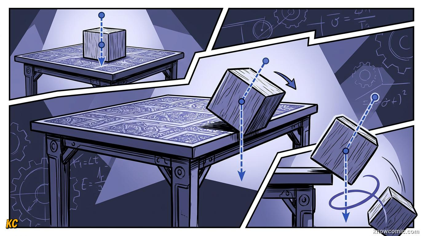 Comic panel about stability & toppling: Shape Matters, educational kids illustration