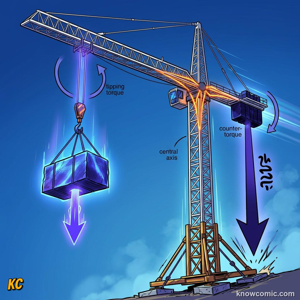 Comic panel about stability & toppling: When Torque Wins, Pivot Edge, educational kids illustration
