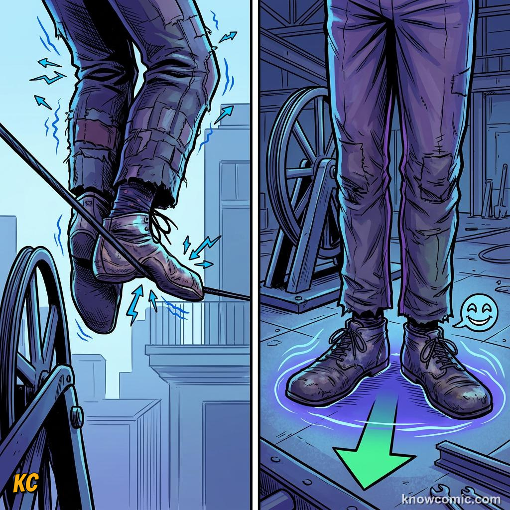 Comic panel about stability & toppling: Recover, educational kids illustration