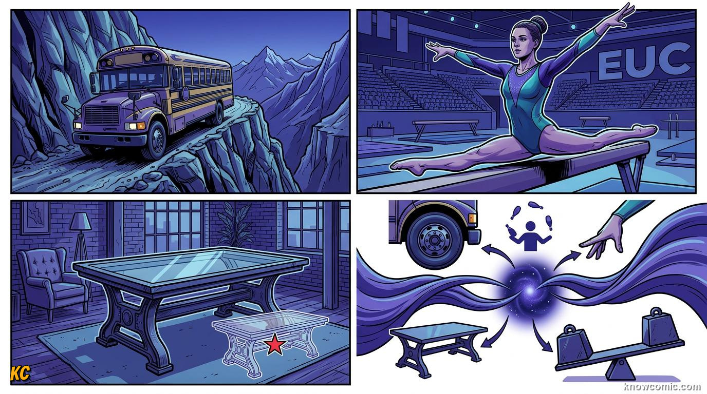 Comic panel about stability & toppling: The Full Picture, educational kids illustration