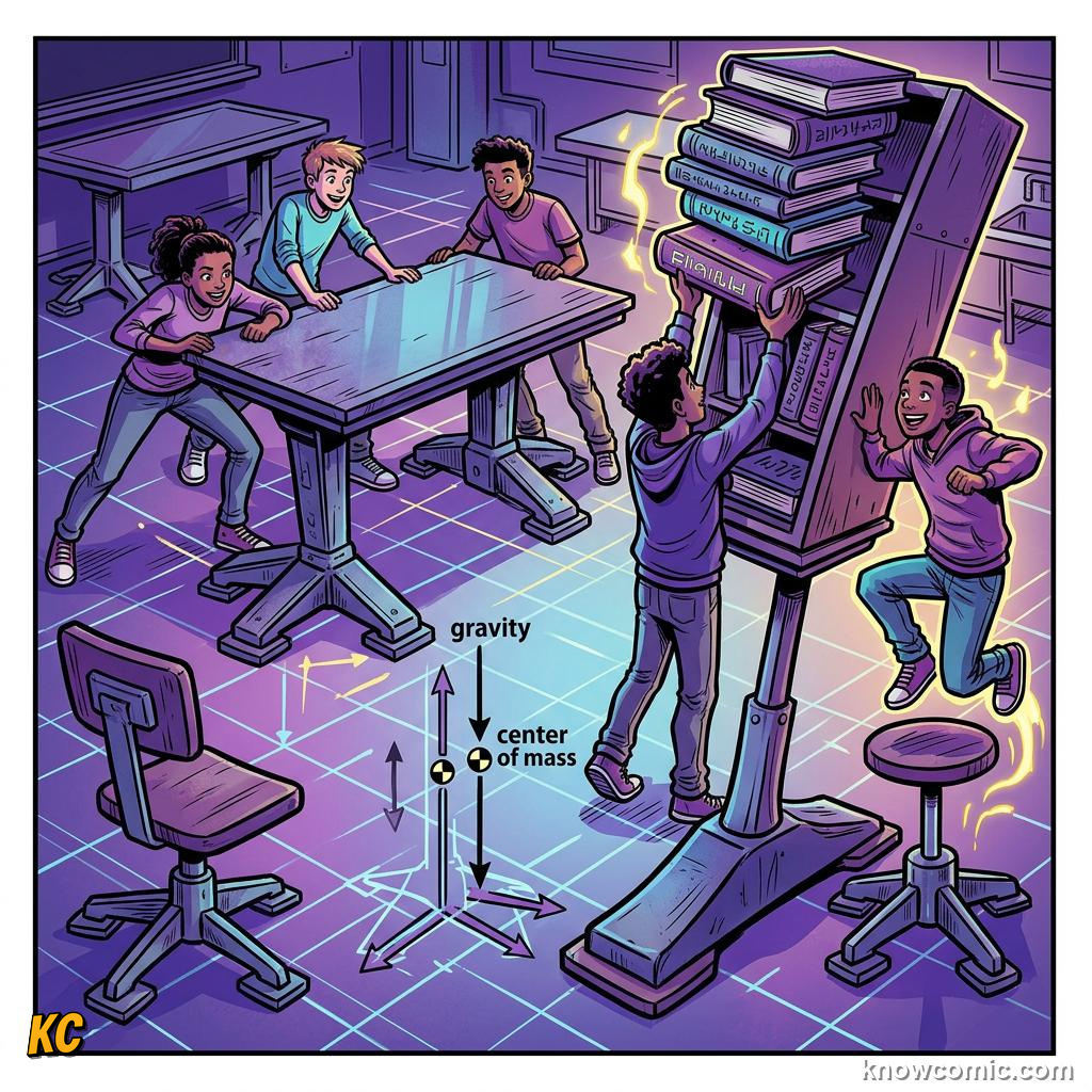 Comic panel about stability & toppling: Stay Over The Base, Everyday Links, educational kids illustration