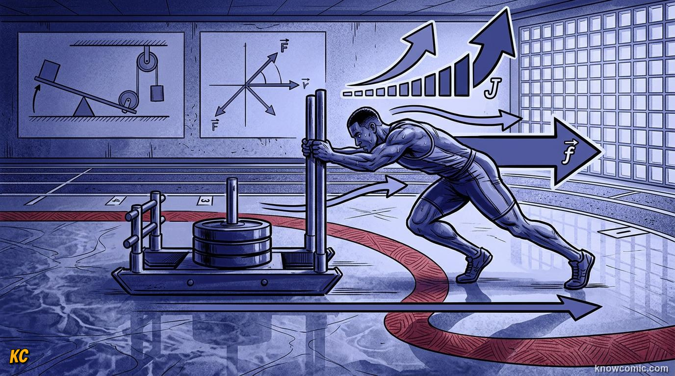 Comic panel about work-energy theorem: Speed Change, educational kids illustration
