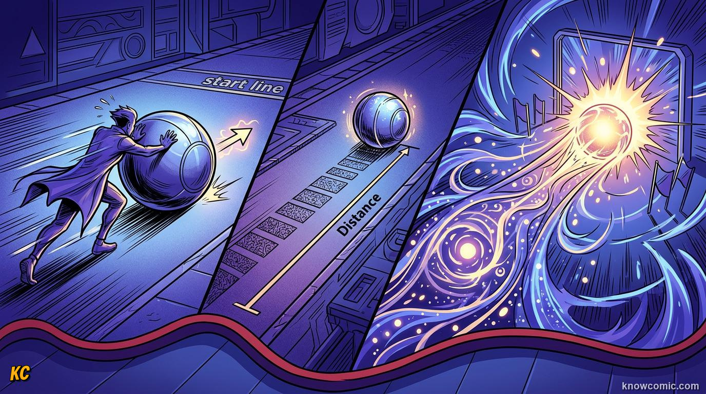 Comic panel about work-energy theorem: Defining Work, educational kids illustration
