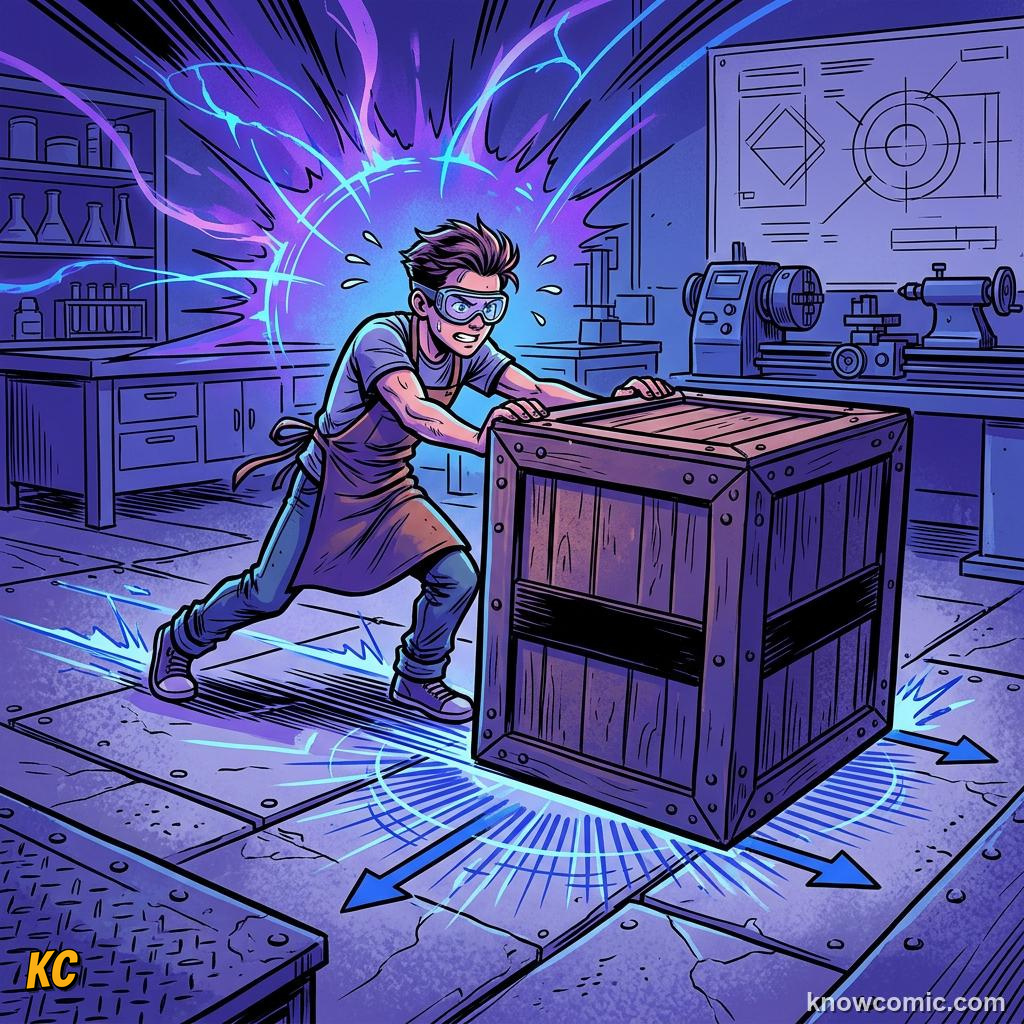 Comic panel about work-energy theorem: W = F D Along The Path, Force, educational kids illustration