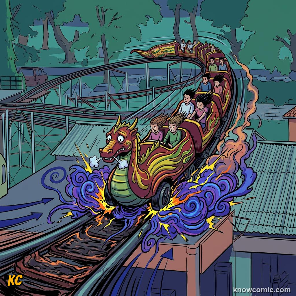 Comic panel about work-energy theorem: Displacement, educational kids illustration