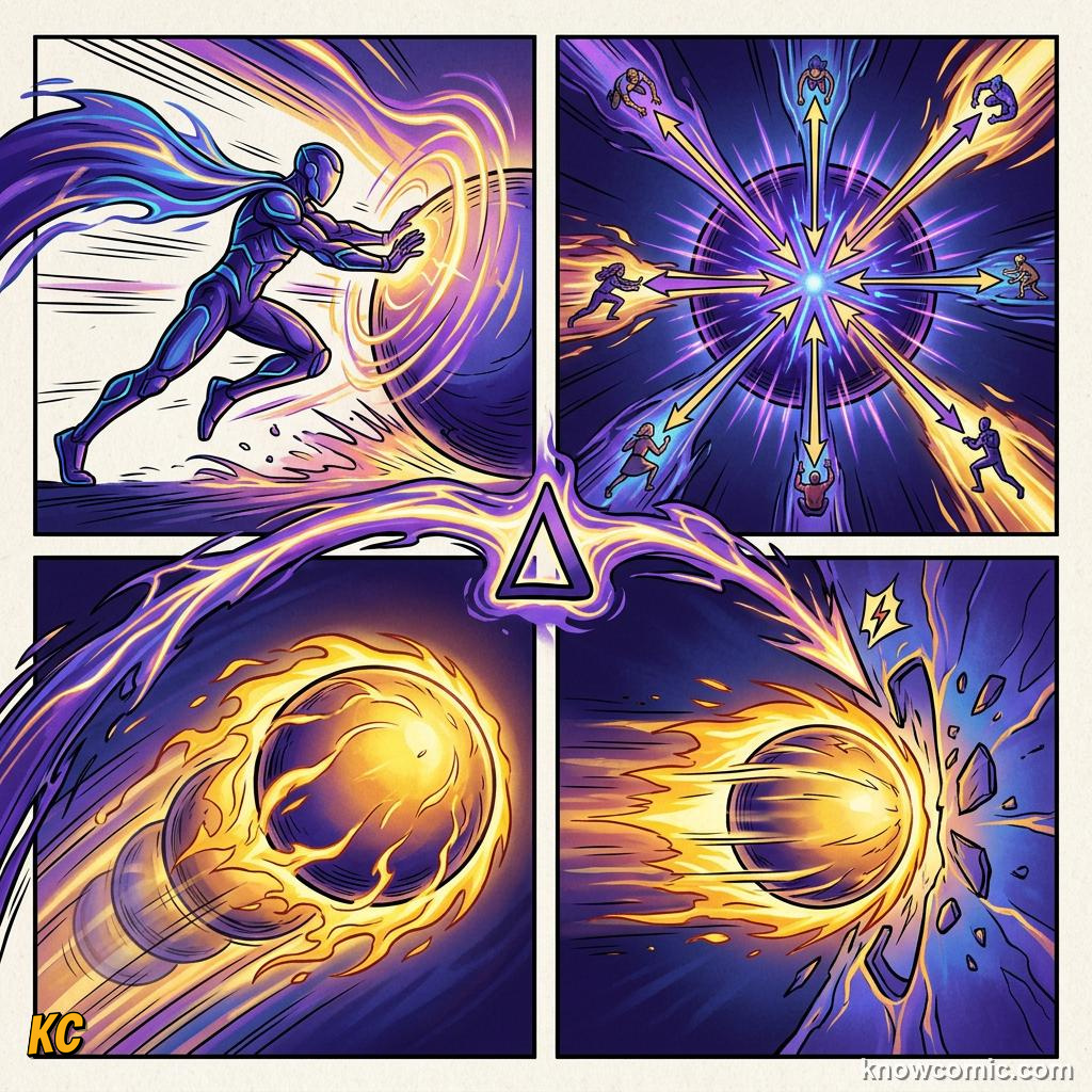 Comic panel about work-energy theorem: Balance, educational kids illustration