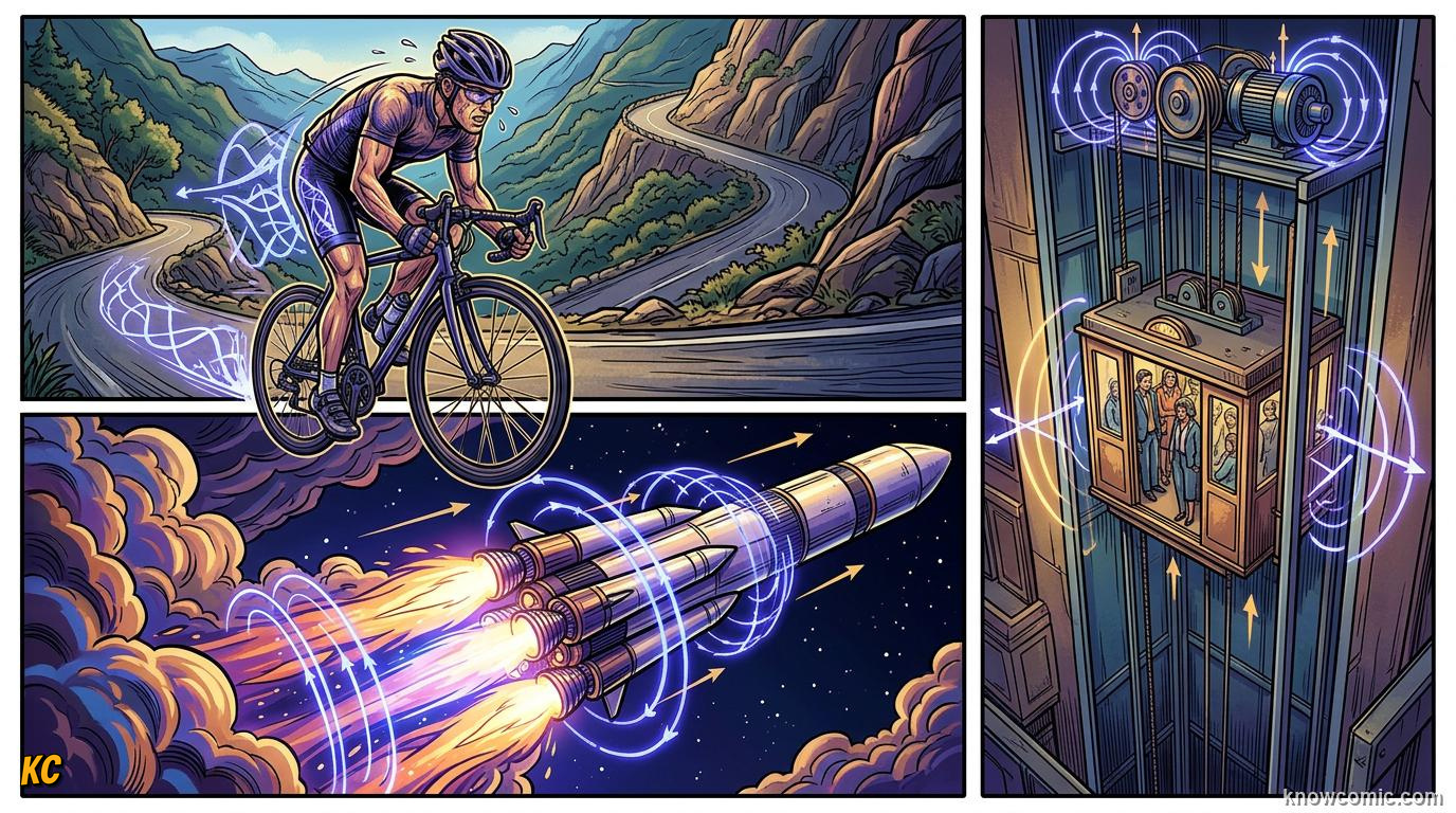 Comic panel about work-energy theorem: The Full Picture, educational kids illustration