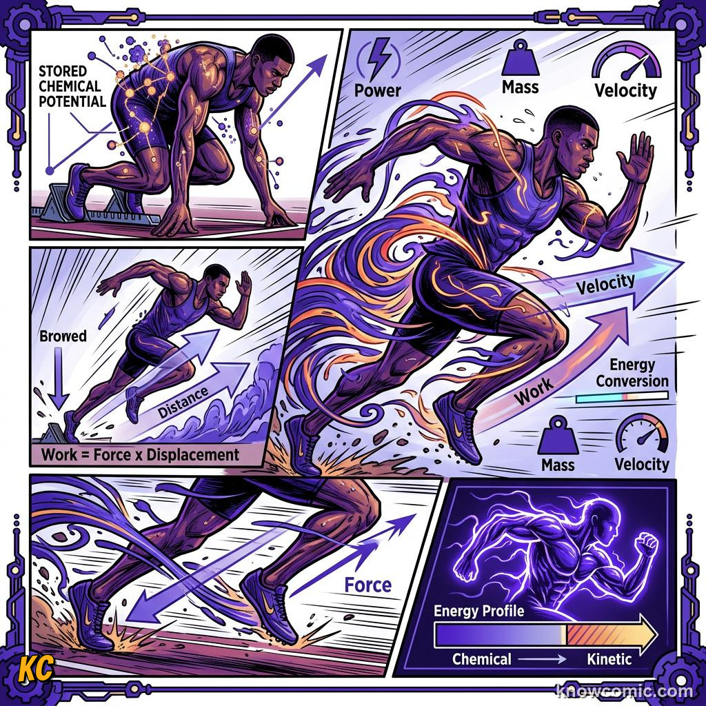Comic panel about work-energy theorem: Force, Distance, Energy, Everyday Links, educational kids illustration