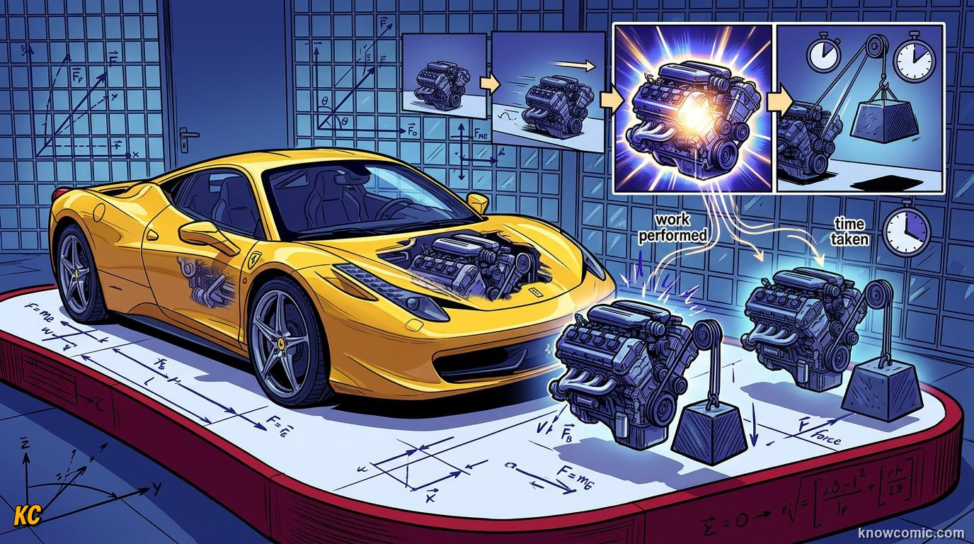 Comic panel about power: the rate of work: Rate Matters, educational kids illustration