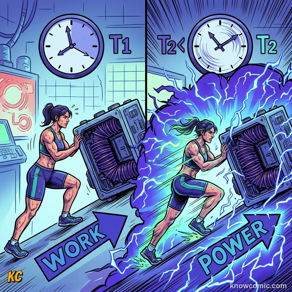 Comic panel about power: the rate of work: Not Just Work, How Fast, Same Work, educational kids illustration