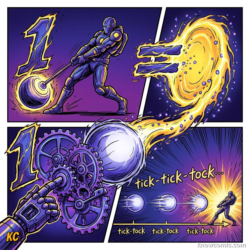 Comic panel about power: the rate of work: Intensity, educational kids illustration