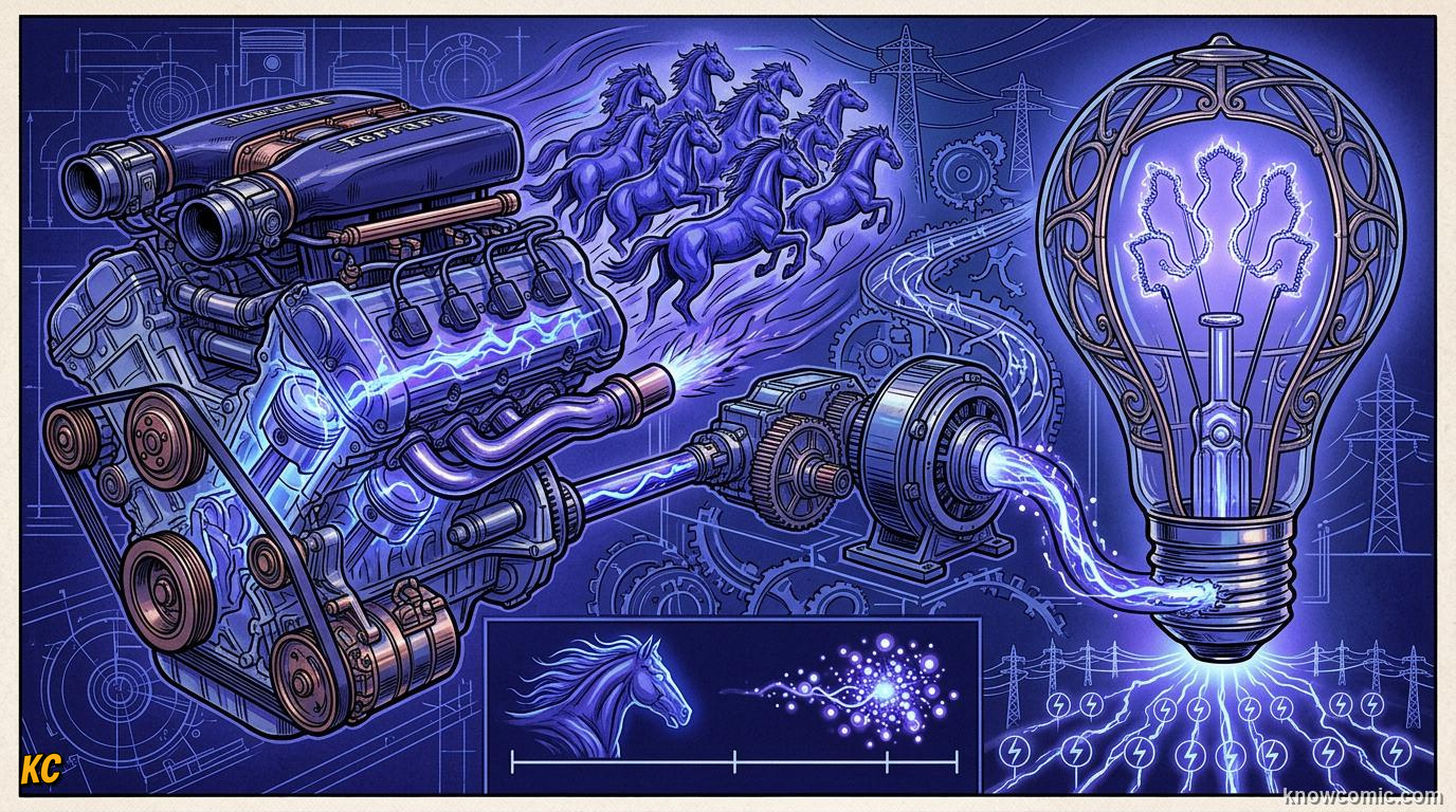 Comic panel about power: the rate of work: The Watt, educational kids illustration