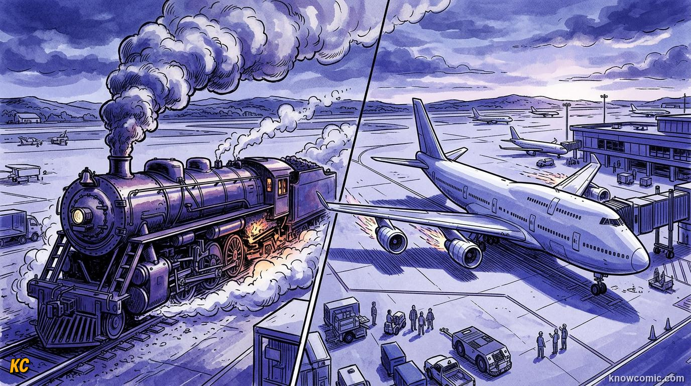 Comic panel about power: the rate of work: From Horses To Engines, educational kids illustration