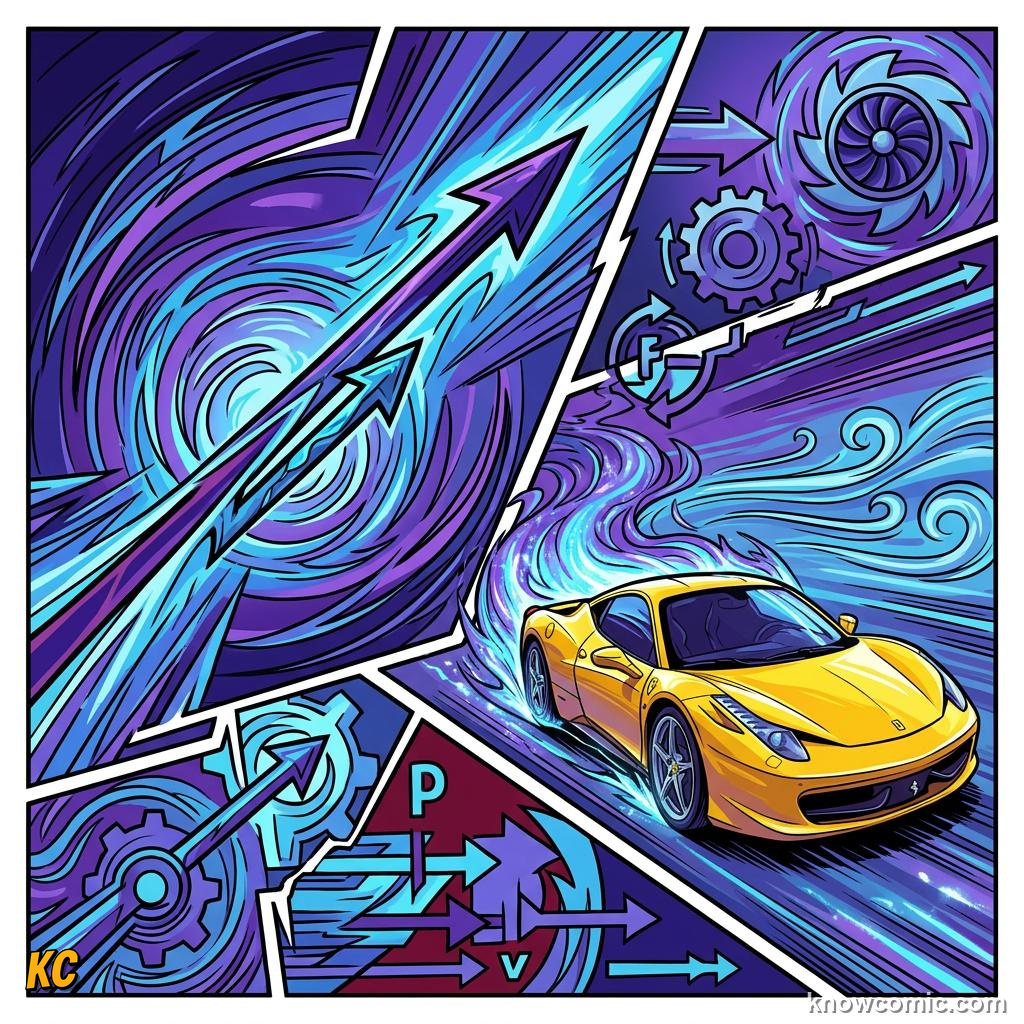 Comic panel about power: the rate of work: Jet, educational kids illustration