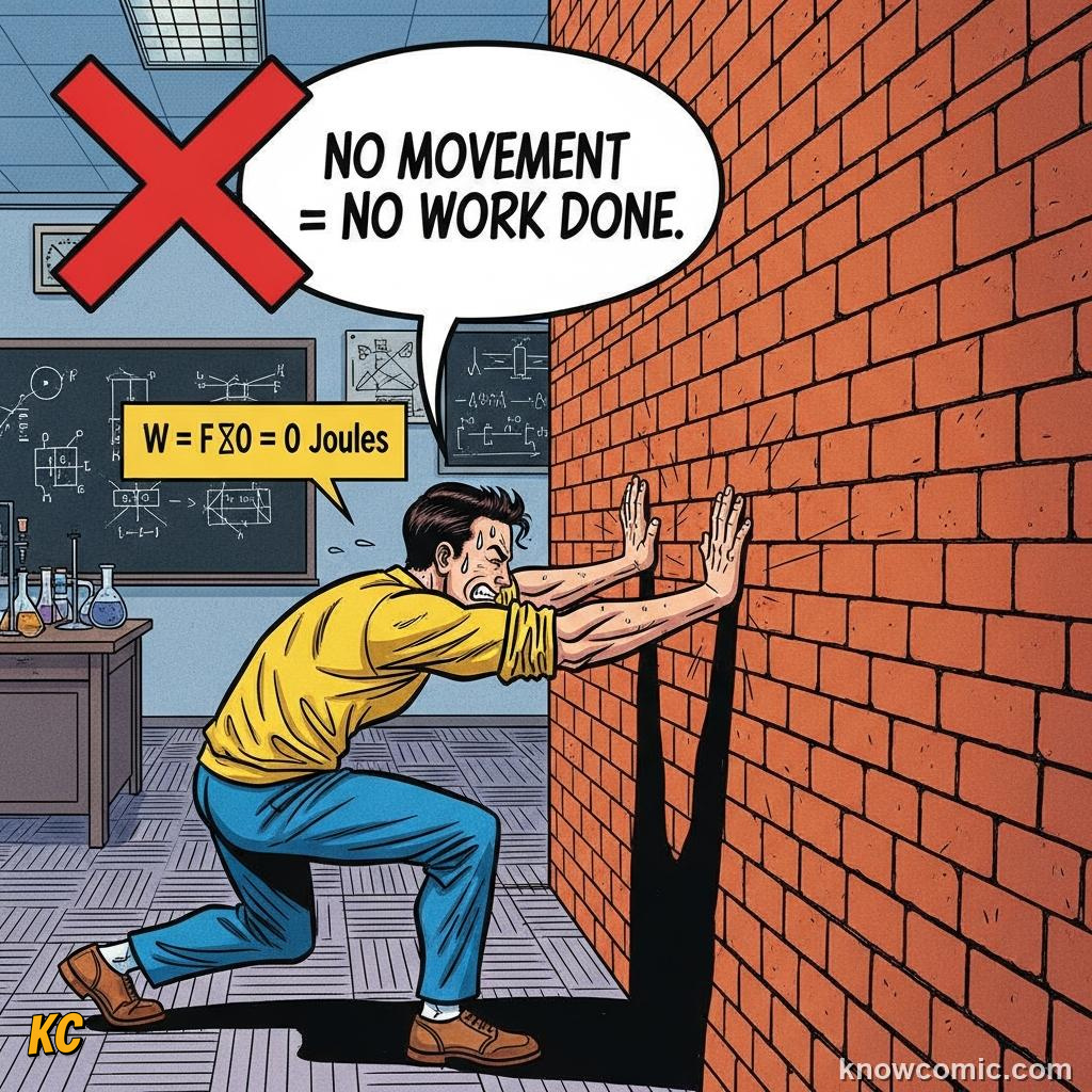 Comic illustration: FORCE × DISTANCE = WORK, NO MOVEMENT = NO WORK
