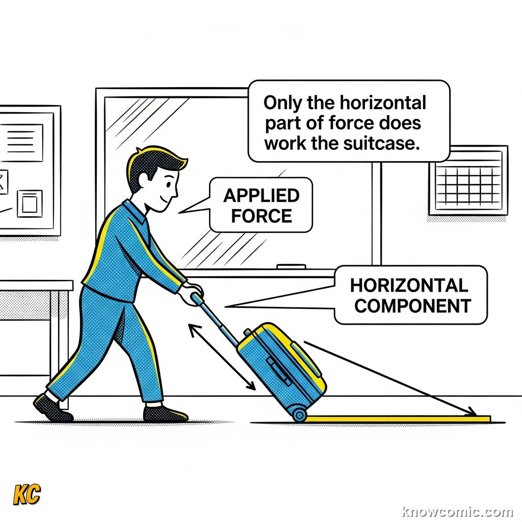 Comic illustration: FORCE × DISTANCE = WORK, ANGLE MATTERS
