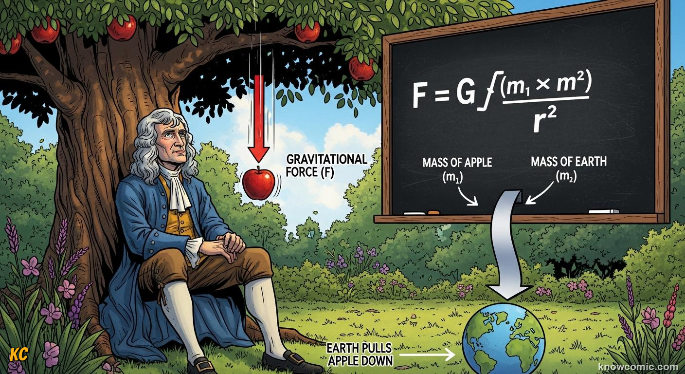 Comic illustration: NEWTON'S GREAT INSIGHT