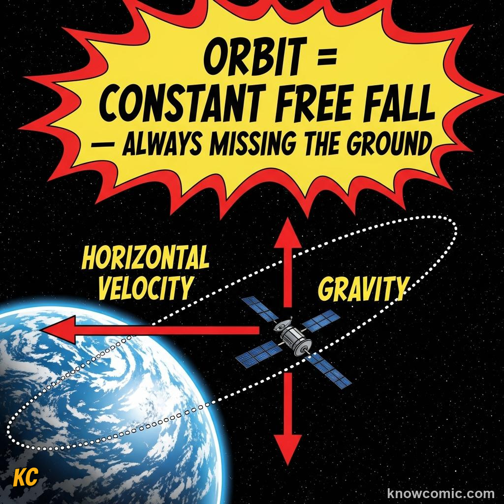 Comic illustration: THE MOON NEVER STOPS FALLING, GRAVITY RULES THE COSMOS