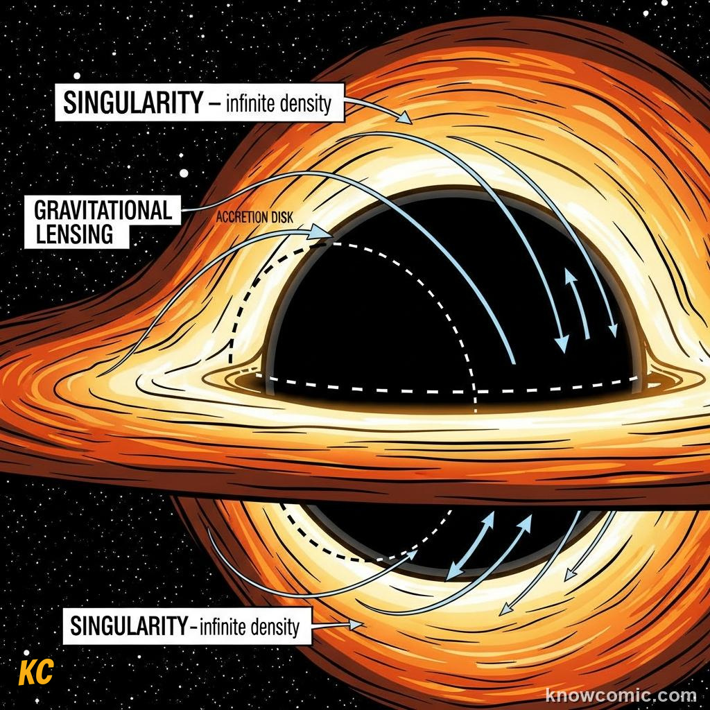 Comic illustration: NOT EVEN LIGHT CAN ESCAPE, WHERE GRAVITY WINS EVERYTHING