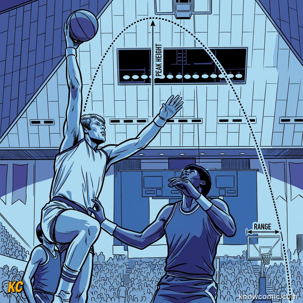Comic illustration: EVERY PROJECTILE TRACES A PARABOLA, PEAK HEIGHT