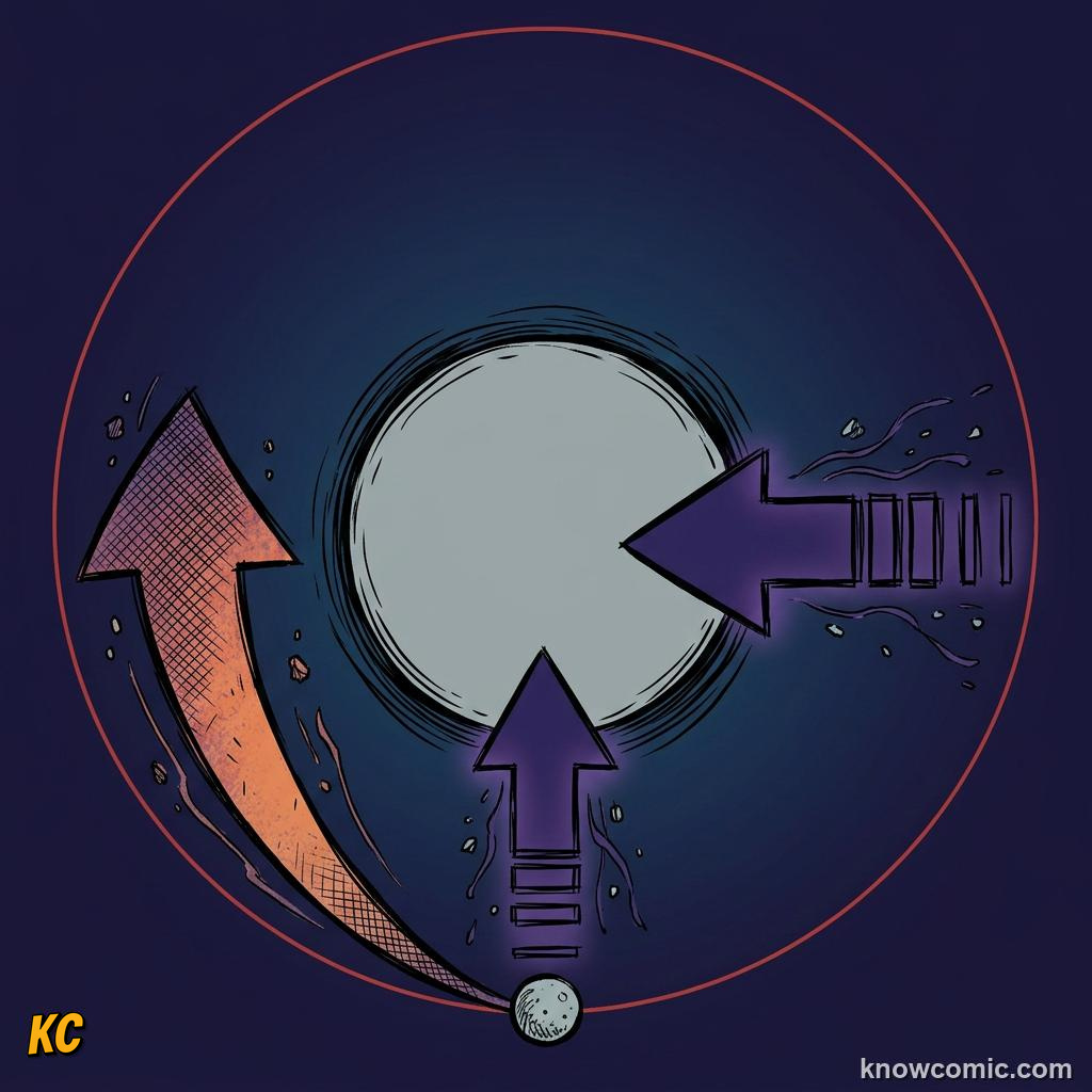 Comic illustration: ANYTHING MOVING IN A CIRCLE NEEDS A CENTER-SEEKING FORCE, NOT CENTRIFUGAL
