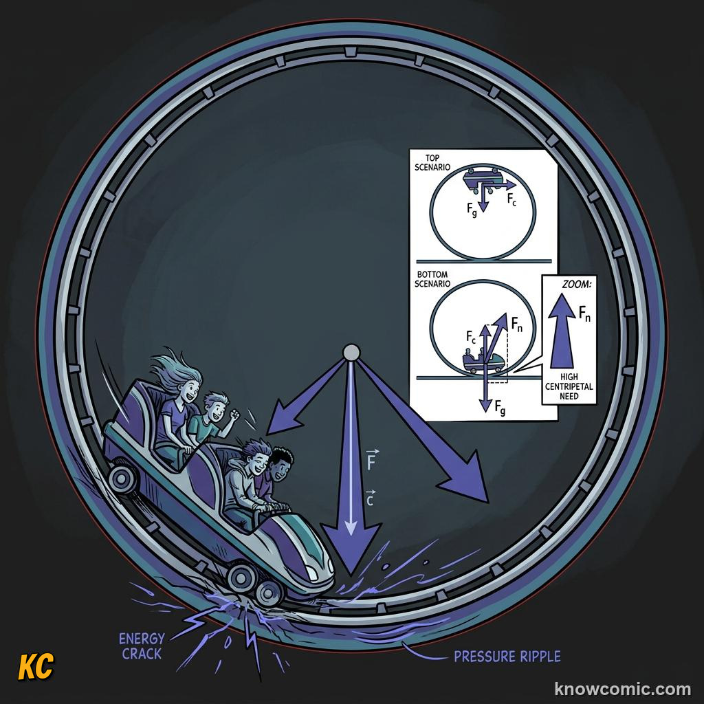 Comic illustration: ROLLER COASTER LOOP-THE-LOOP, TOP OF THE LOOP