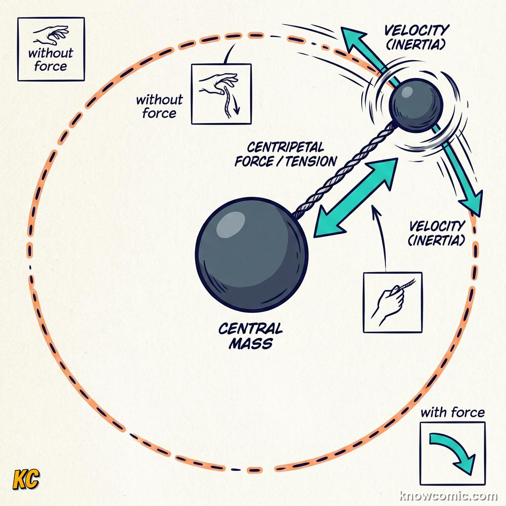 Comic illustration: THE MOON ORBITS BECAUSE EARTH PULLS IT INWARD, EARTH AND MOON