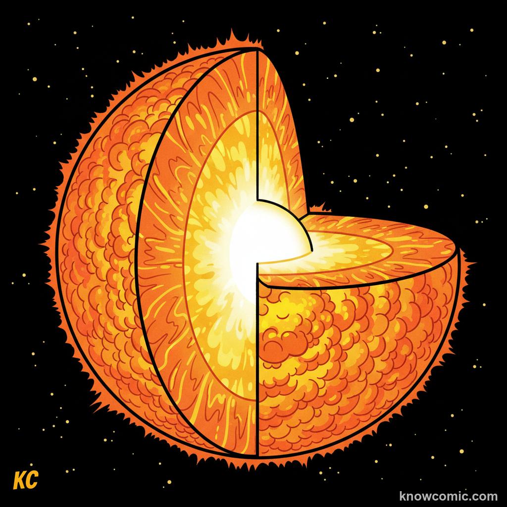 Nuclear fusion in the Sun's core: hydrogen atoms merging into helium at 15 million degrees Celsius