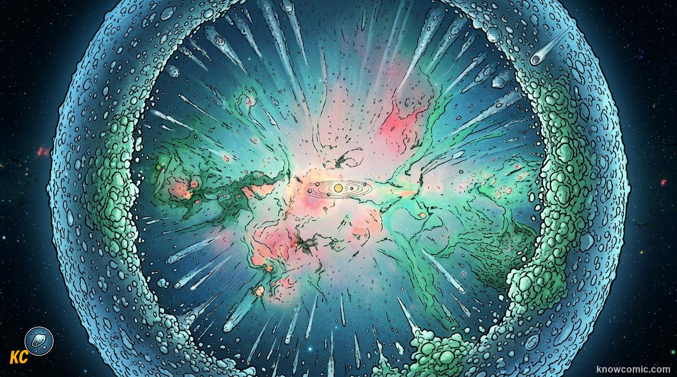 Comic panel about the oort cloud: edge of the solar system: Far Edge, educational kids illustration