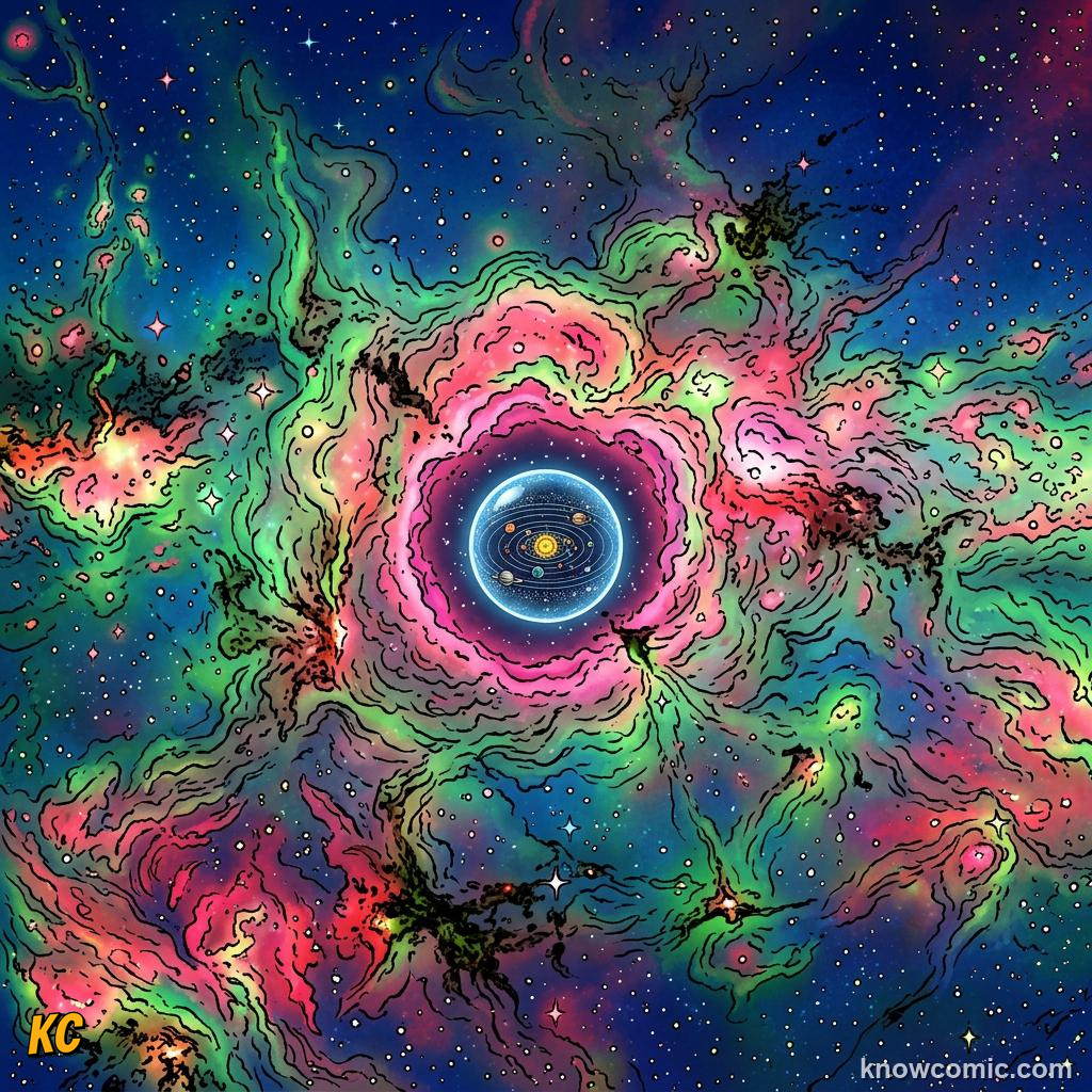 Comic panel about the oort cloud: edge of the solar system: Named, educational kids illustration