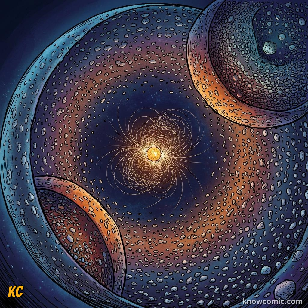Comic panel about the oort cloud: edge of the solar system: Tails, educational kids illustration