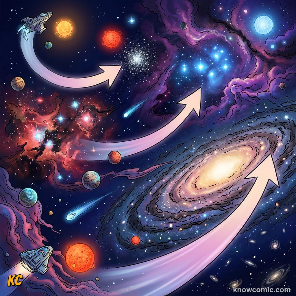 Comic panel about the oort cloud: edge of the solar system: Long Trip, educational kids illustration