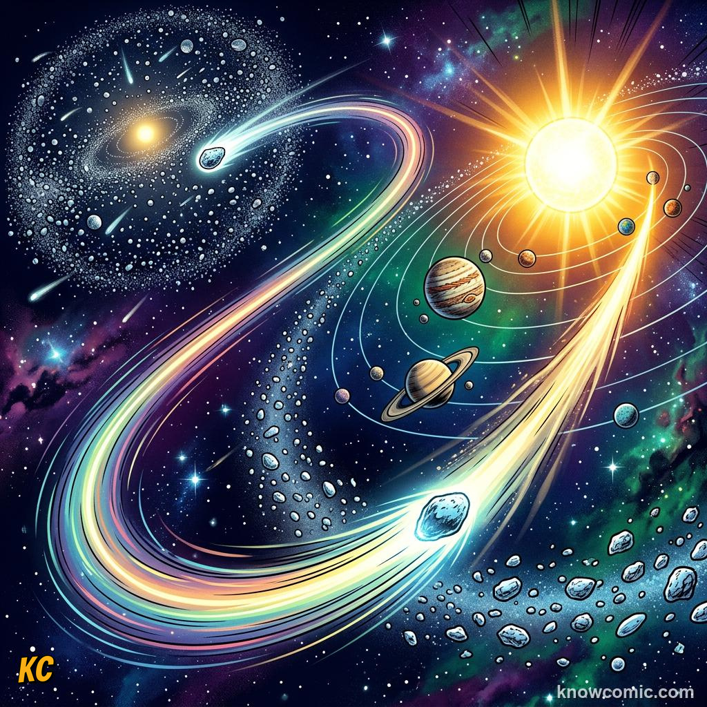 Comic panel about the oort cloud: edge of the solar system: The Solar System'S Deep Freezer, Tiny, educational kids illustration